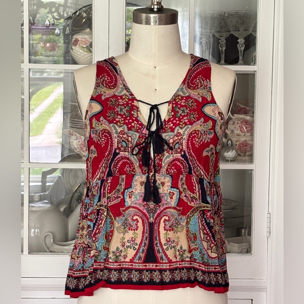 Boho Paisley Red Tie Front Tank Top